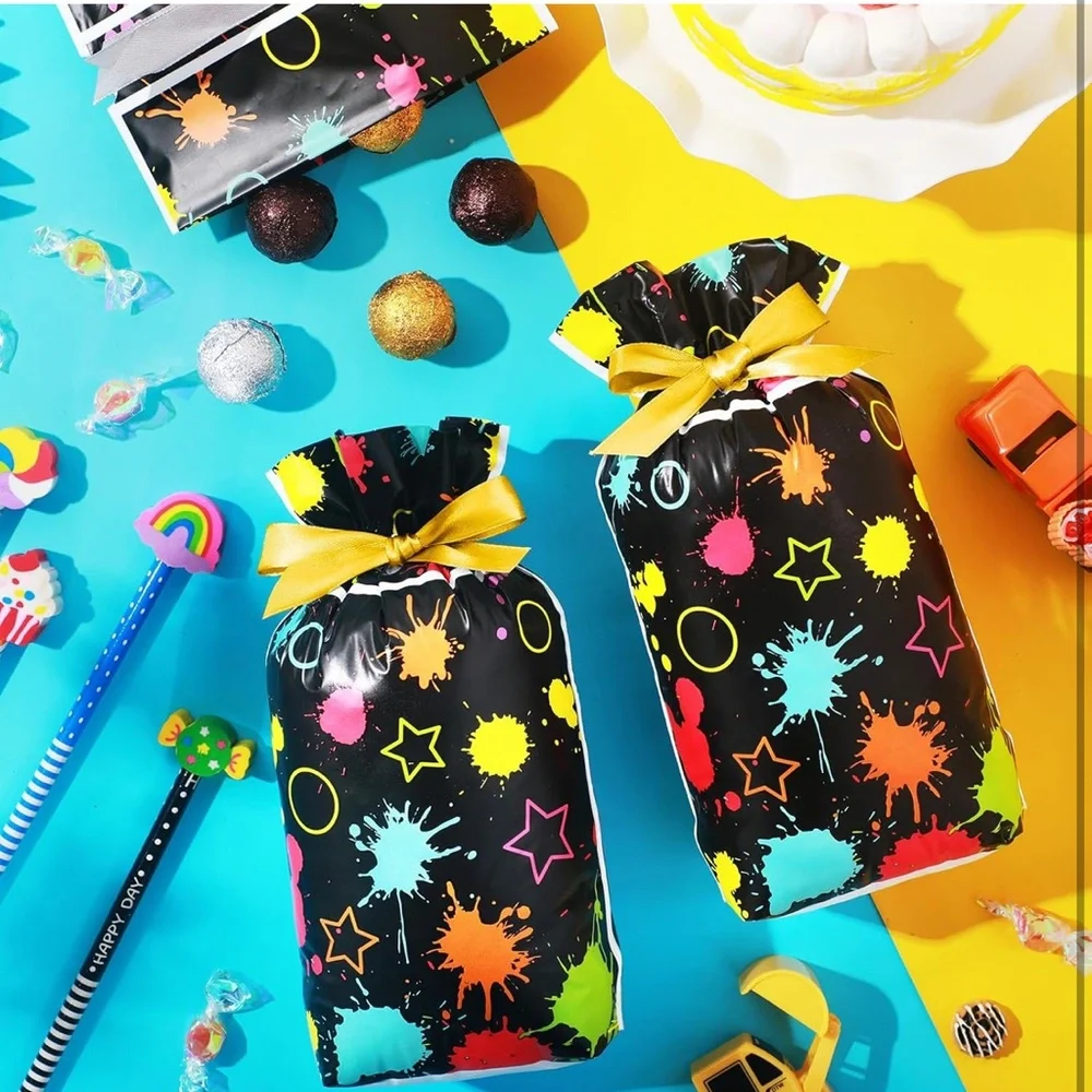 50 Neon Splatter Party Favor Bags with Gold Ribbon Plastic with Drawstring